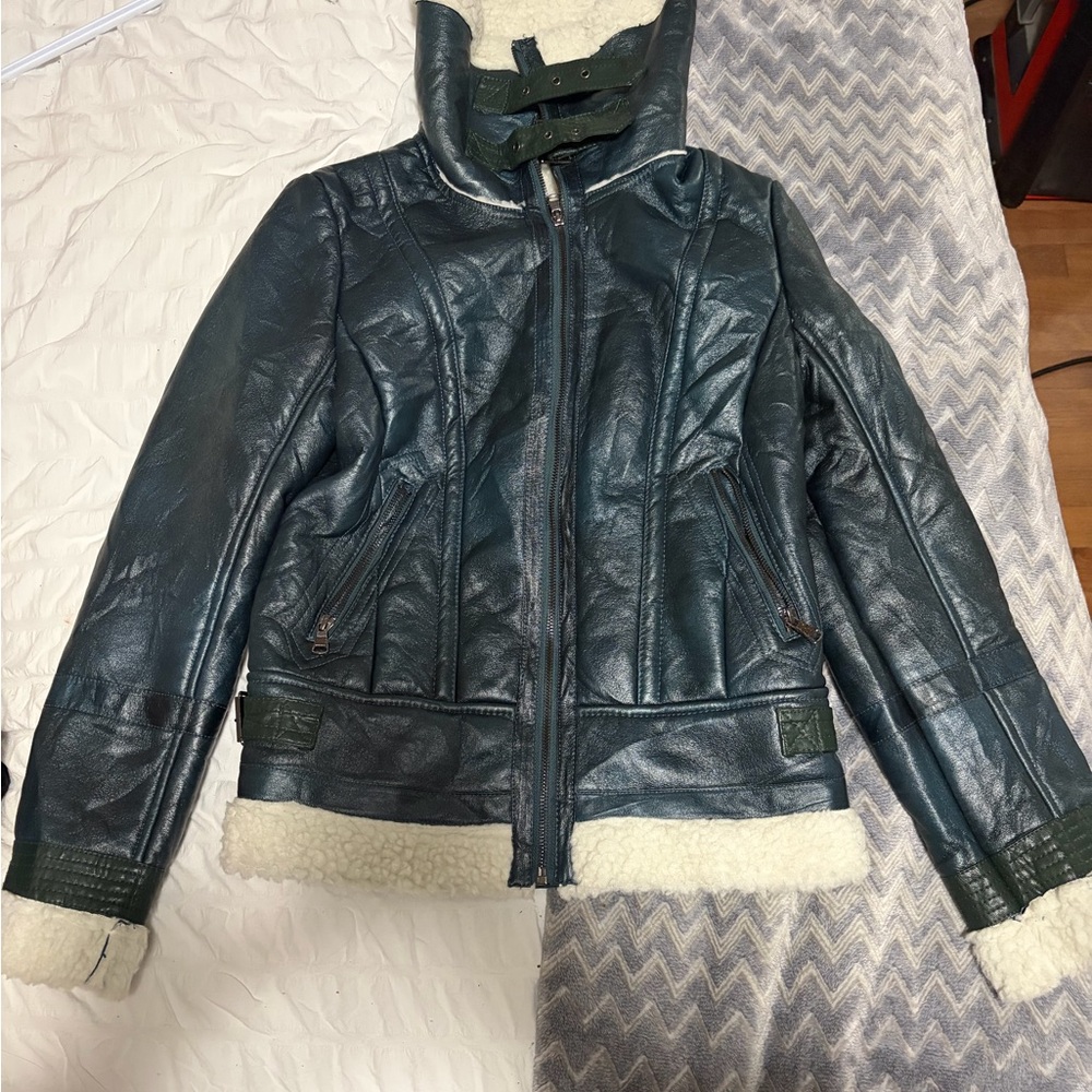Women's Blue Shearling Jacket - Picture 3 of 3